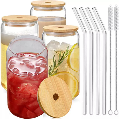 Decorbites™ Glasbecher-Set mit Bambusdeckel: Bubble Tea, Kaffee, Wein, Milchtee-Becher.