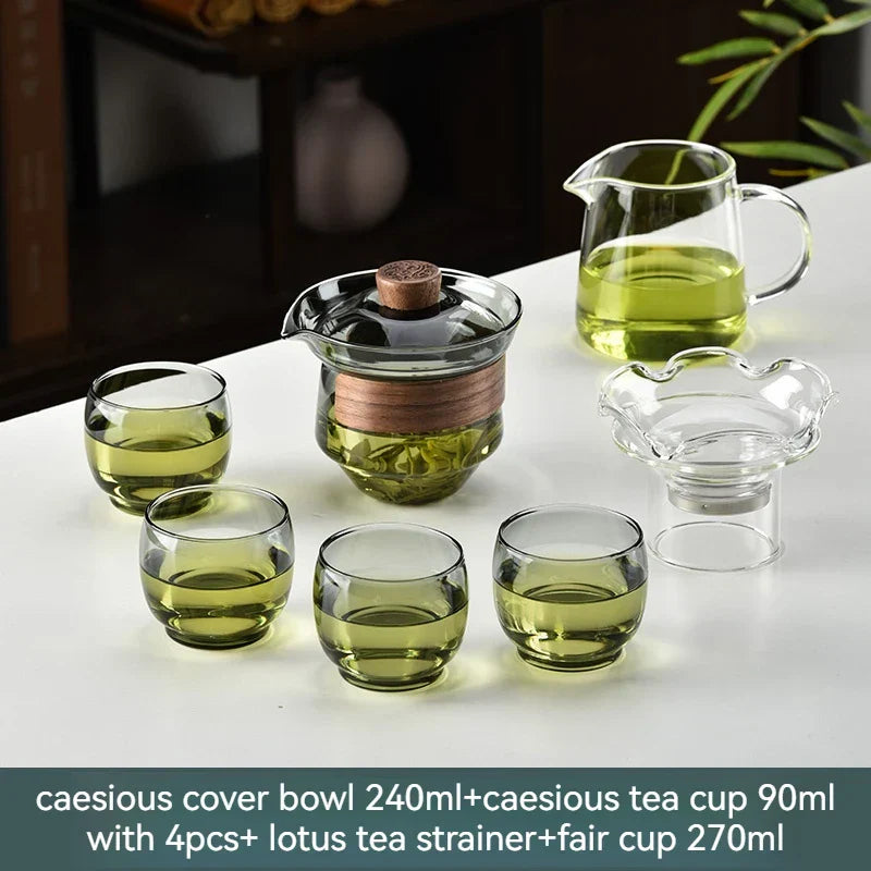 Decorbites™ Glas-Gaiwan-Tassen-Set mit Holzring, 240 ml Tee-Trennung & Filter, hitzebeständig