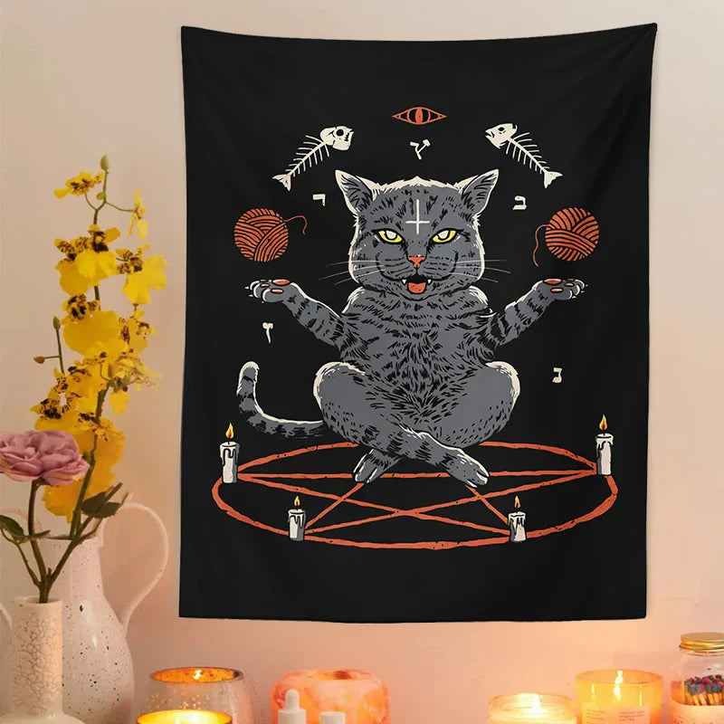 DecorBites™ Cat Coven Tapestry Wall Hanging - Cool Black Witchcraft Decor for Living Room and Bedroom