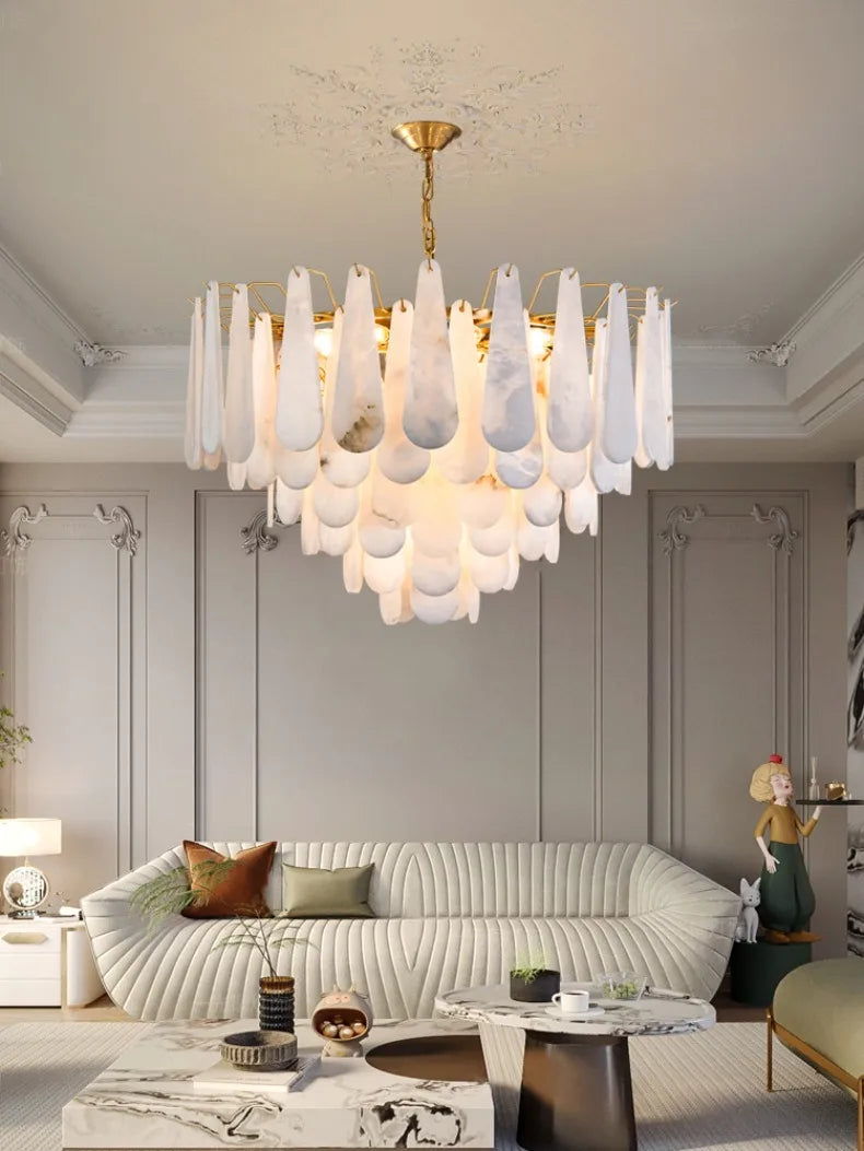 Französisches Marmor-Hängeleuchte Modern Kupfer E14 LED Wassertropfen-Kronleuchter für Wohnzimmer Esszimmer Schlafzimmer Heimdekoration Leuchten