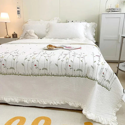 DecorBites™ Fresh Flower Embroidered Summer Quilt Set - Lightweight Ruffled Comforter