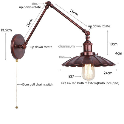 DecorBites™ Gold LED Industrial Wall Lamp with Pull Chain Switch