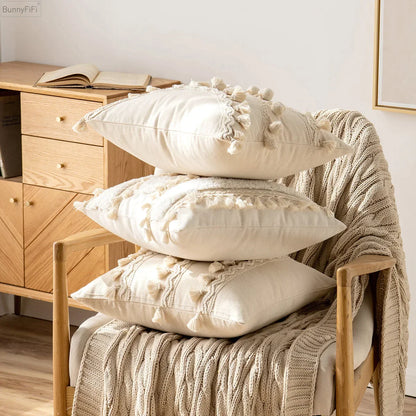 Decorbites™ Elfenbein Pompon-Quaste Kissenbezug 45x45cm/30x50cm Heimdekoration Sofa Saisonbezogen