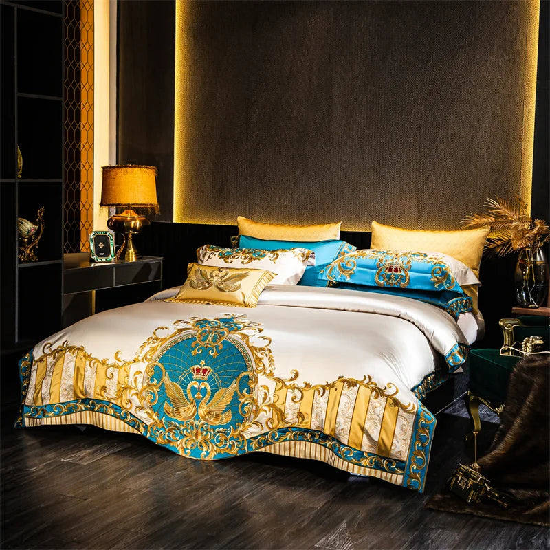 DecorBites™ Embroidered Gold Blue Brocade Cotton Bedding Set with Duvet Cover, Sheets, Pillowcases