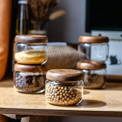Decorbites™ Akazienholz-Deckel Klar-Glas-Vorratsglas 300ml für Trockenlebensmittel Snacks Süßigkeiten Gewürze Glas