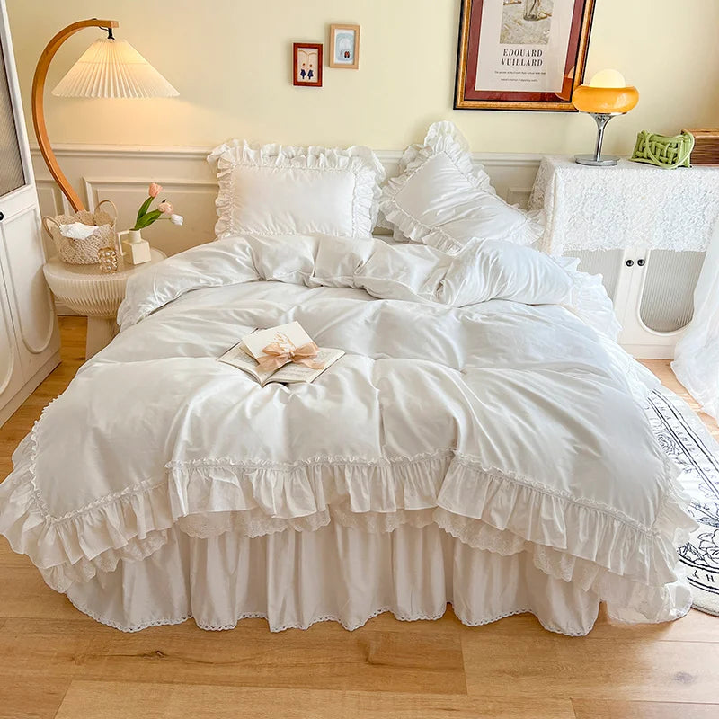 DecorBites™ Korean Princess Style Double Ruffle Bedding Set for Queen King Bed