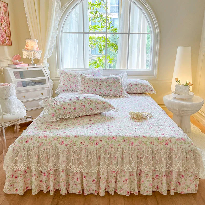 Decorbites™ Französische Spitzen-Volants-Seersucker-Bettset: 4-Tlg. Prinzessinnen-Bettwäsche Quiltbezug