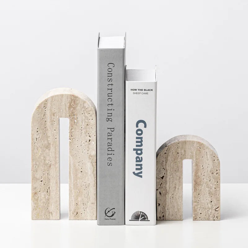 DecorBites™ Beige Travertine Stone Bookends - Luxury Vintage Book Holder Decor
