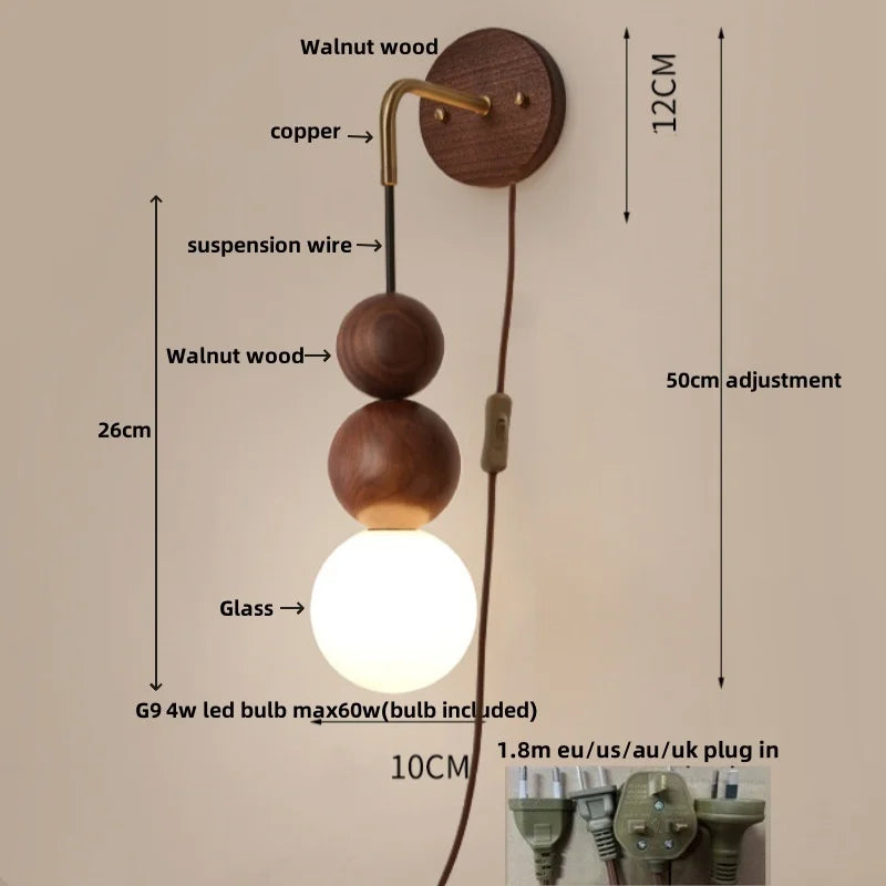 DecorBites™ Adjustable LED Wall Light White Glass Walnut Wood Bar Living Room Mirror Lamp