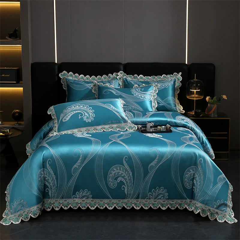 Decorbites™ Golden Jacquard-Baumwoll-Spitzen-Bettwäsche-Set – Seidig weiche Daunendecke, Spannbettlaken, Kissenbezug