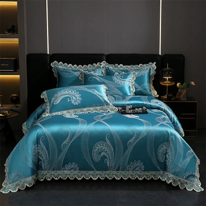 Decorbites™ Golden Jacquard-Baumwoll-Spitzen-Bettwäsche-Set – Seidig weiche Daunendecke, Spannbettlaken, Kissenbezug