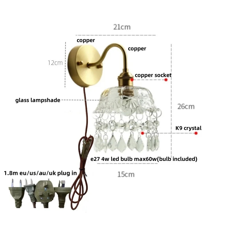 Decorbites™ Kristall Vintage LED Wandlampen mit Zugschalter Luxus Kupfer E14 Treppenlicht