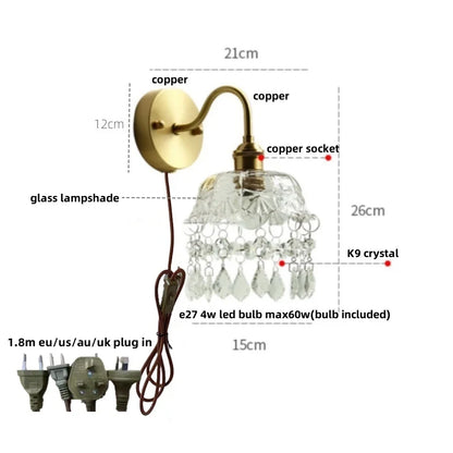 Decorbites™ Kristall Vintage LED Wandlampen mit Zugschalter Luxus Kupfer E14 Treppenlicht