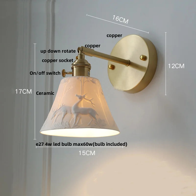 DecorBites™ Copper LED Sconce Wall Lamp Pull Chain Switch Nordic Modern Ceramic Mirror Light