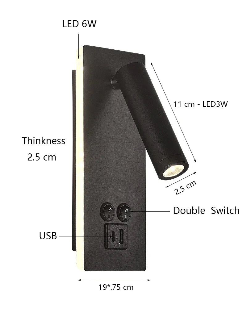 Decorbites™ Schwarz-Messing LED-Wandleuchte mit USB-Anschluss & Schalter - 3W-Scheinwerfer für das Schlafzimmer