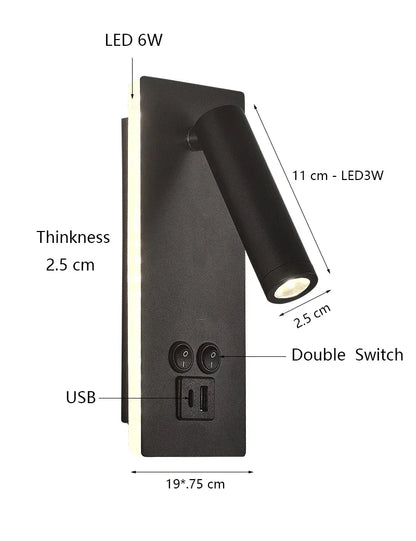 Decorbites™ Schwarz-Messing LED-Wandleuchte mit USB-Anschluss & Schalter - 3W-Scheinwerfer für das Schlafzimmer