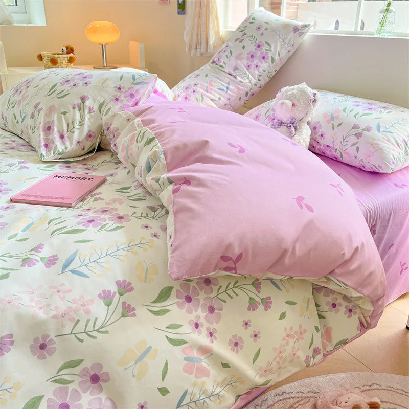 DecorBites™ Cotton Floral Print Bedding Set: Comfortable Sleep Quilt Cover & Fitted Sheet in All Seasons