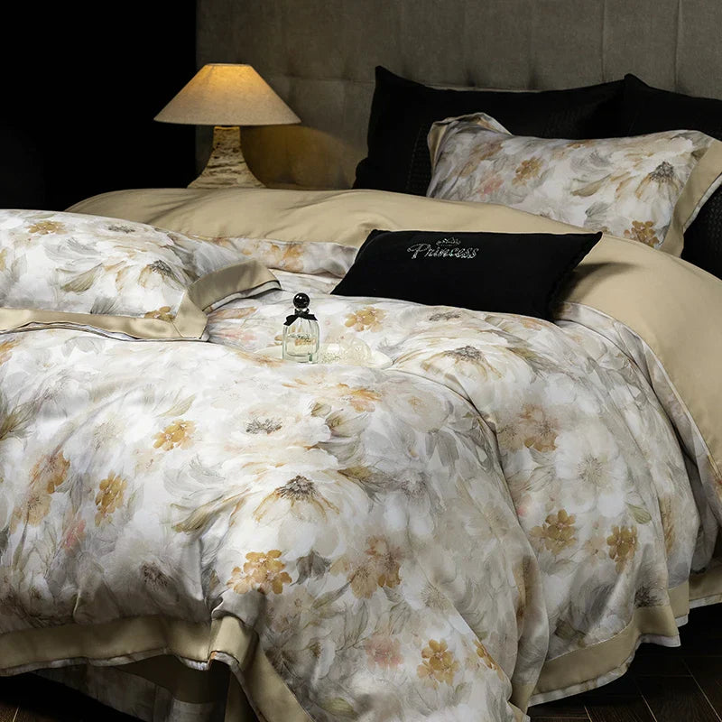 DecorBites™ Eucalyptus Fiber Floral Print Bedding Set: Duvet, Sheet, Pillowcases - 4Pcs
