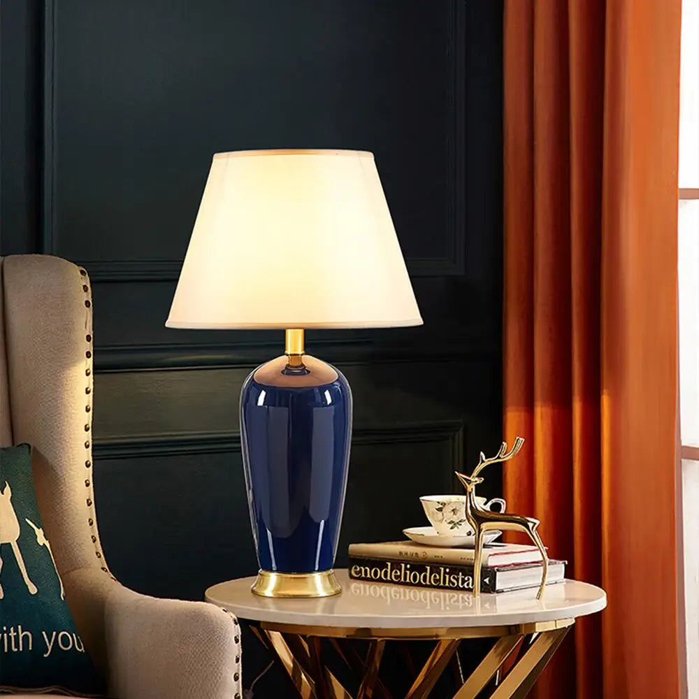 DecorBites™ Dark Blue Ceramic Table Lamp with Remote Control for Bedroom and Living Room