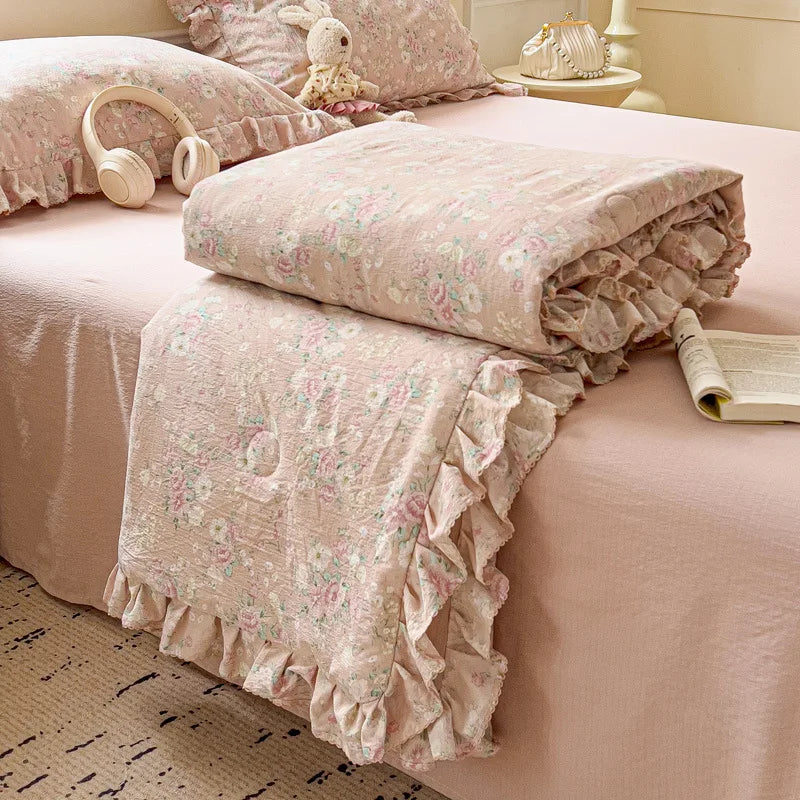 Decorbites™ Koreanische Baumwoll-Patchwork-Decke mit Spitze und Rüsche für den Sommer