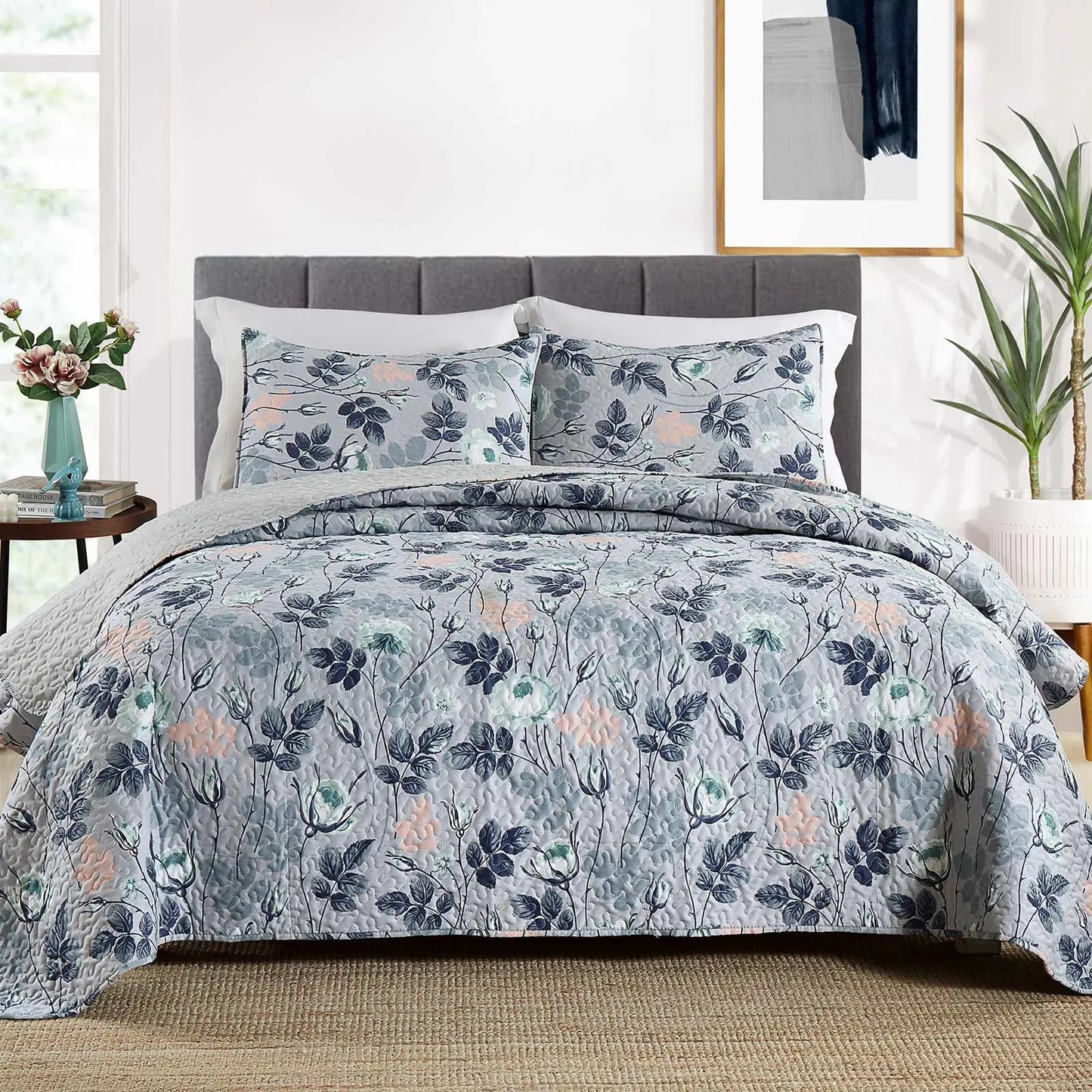 Decorbites™ Graue Patchwork-Blumendruck-Bettüberwurf-Set, ultra weich für alle Jahreszeiten