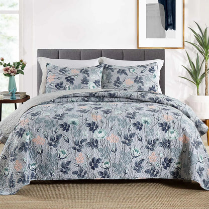Decorbites™ Graue Patchwork-Blumendruck-Bettüberwurf-Set, ultra weich für alle Jahreszeiten