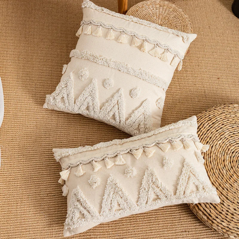 Decorbites™ Beige Wabi-sabi Quastenbesetzte Fransen Geometrische Troddel Baumwolle Leinen Kissenbezug