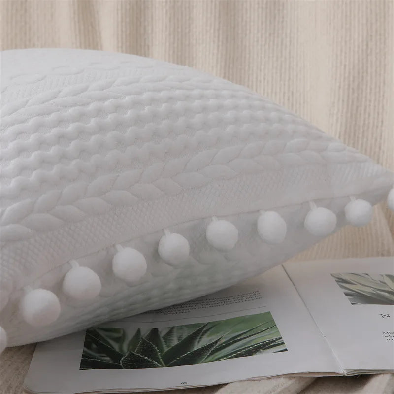 Decorbites™ Spitzen-Pompom-Baumwoll-Kissenbezug, 50x50 cm, Weiße Bälle, Weicher Sitzbezug, Wohnraumausstattung