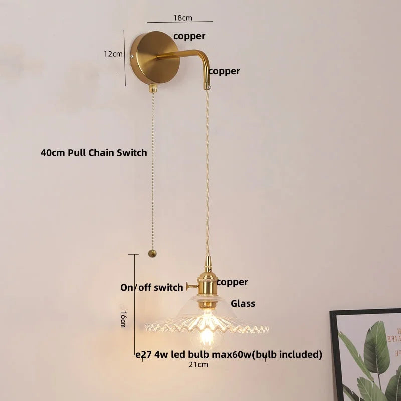 DecorBites™ Glass Copper LED Wall Sconce | Pull Chain Switch | Adjustable Bathroom Light