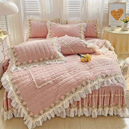 Decorbites™ Koreanische Prinzessinnen-Bettwäsche: Blumen, Spitze, Rüschen, Stickerei, Steppung, Bettbezug, Überdecke