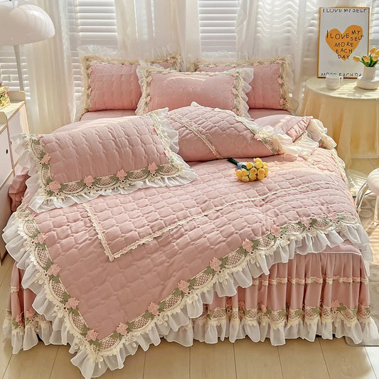 Decorbites™ Koreanische Prinzessinnen-Bettwäsche: Blumen, Spitze, Rüschen, Stickerei, Steppung, Bettbezug, Überdecke