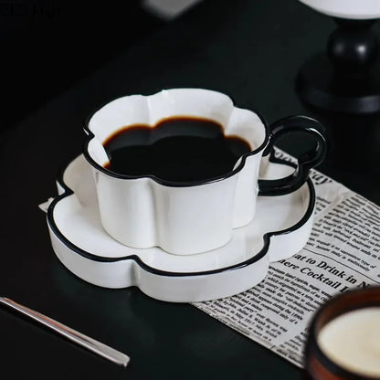 Decorbites™ Black Edged Flower Mug Set - Keramik-Tasse & Untertasse für Tee, Kaffee und Saft