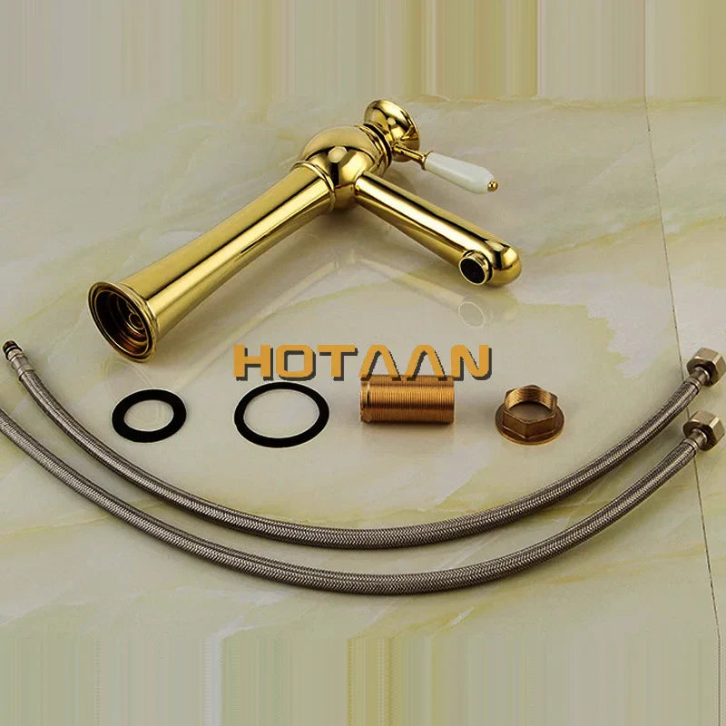 Gold Ceramic Basin Faucet Deck-Mounted Design