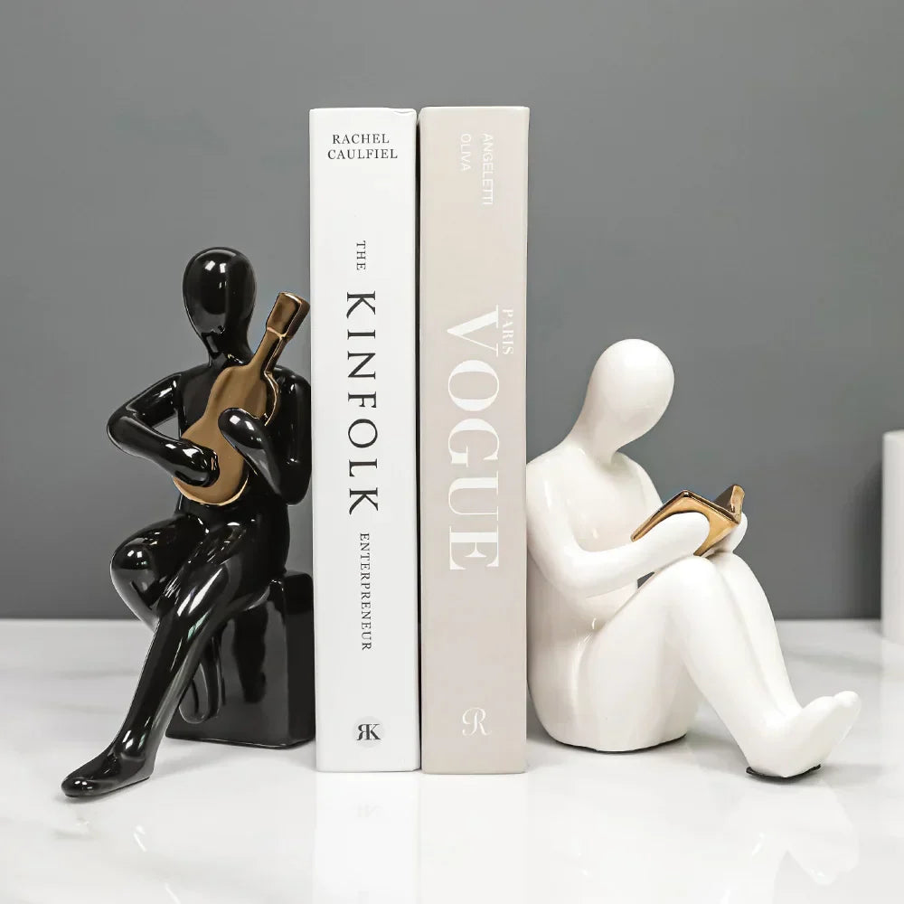 DecorBites™ Abstract Nordic Style Ceramic Character Bookends Set for Office Bookcase Decor