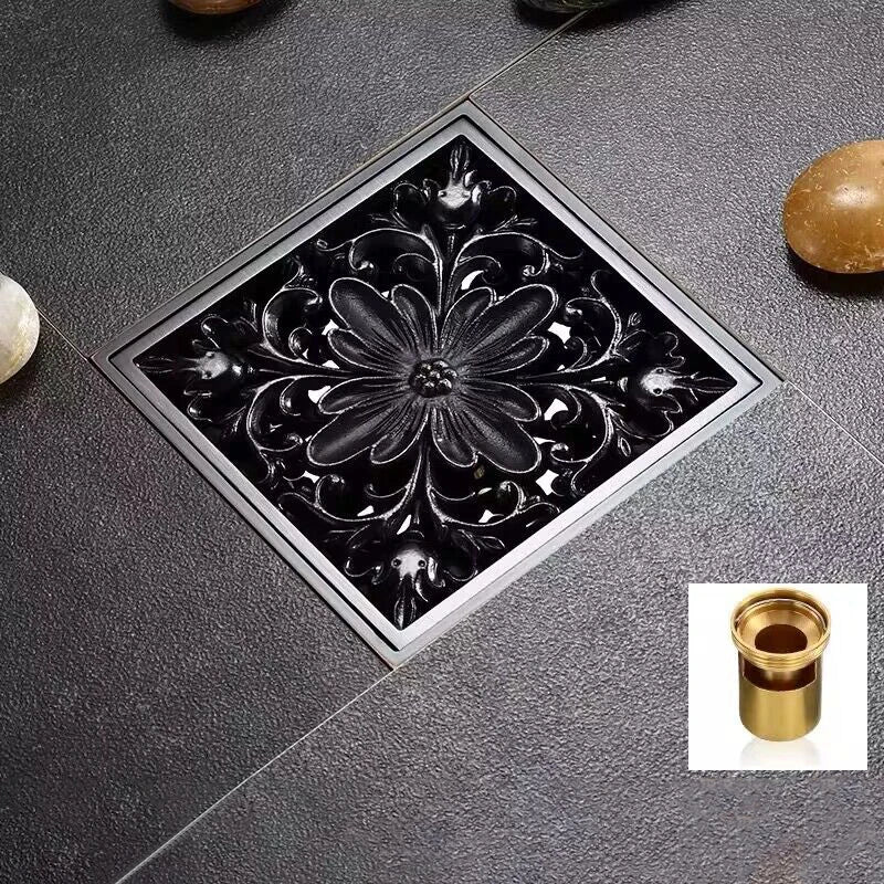 Decorbites™ Schwarze Messing Duschraster Ablauf Abdeckung Boden Quadratisch Kunstvoll Geschnitztes Gitter Becken SY-073R