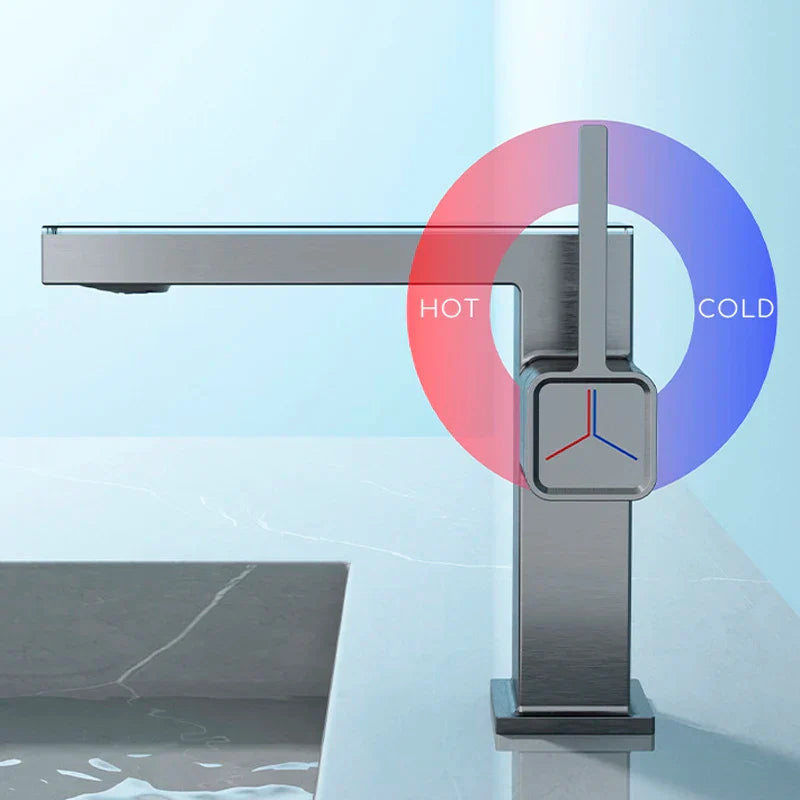Decorbites™ Gun-Grau Digitales Display Beckenarmatur: Moderne Schwarze Badezimmer-Waschbeckenarmatur mit Temperaturanzeige