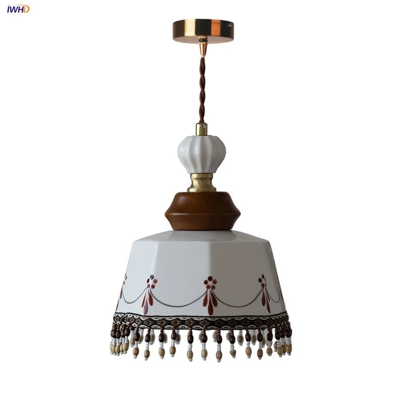 DecorBites™ Copper Wood LED Pendant Light: Ceramic Modern Tassel Hanging Lamp