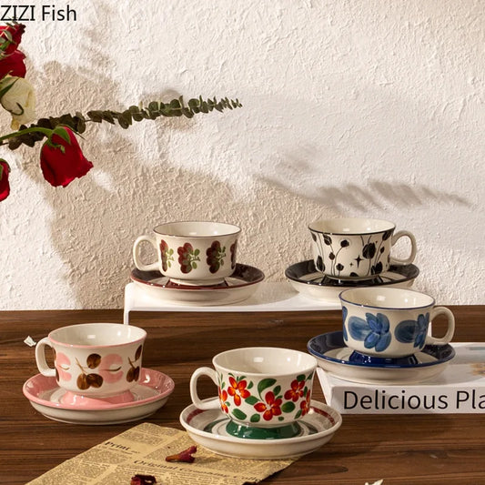 Decorbites™ Blumenmuster Keramik-Tasse- und Untertassenservice Vergoldeter Kaffee-Tee-Becher Saftbehälter