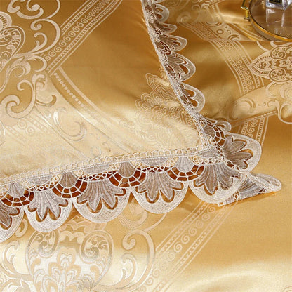 Decorbites™ Golden Jacquard-Baumwoll-Spitzen-Bettwäsche-Set – Seidig weiche Daunendecke, Spannbettlaken, Kissenbezug