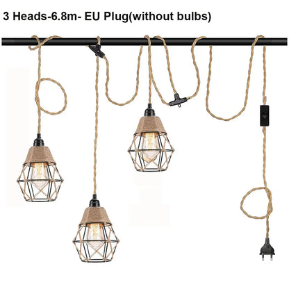 Vintage Industrial Hemp Rope Plug-In Pendant Light