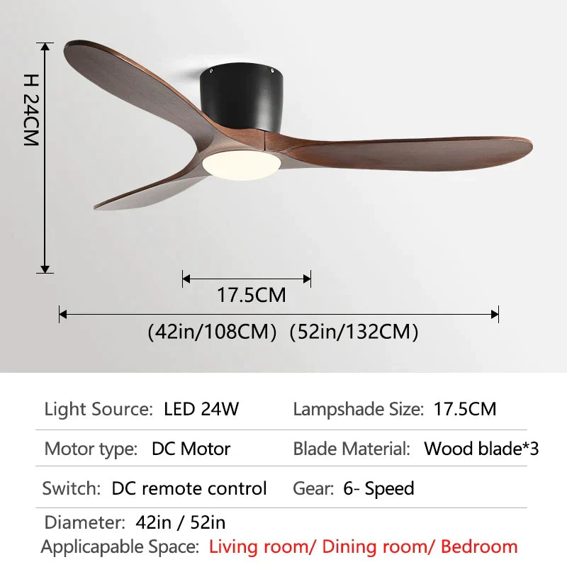 DecorBites™ 52" Low Floor Fan Lights Wood Blade Remote Control Ceiling Fan Strong Winds
