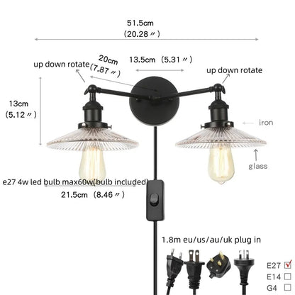 DecorBites™ Industrial LED Wall Light Fixture with Pull Chain Switch, 2 Heads Bedside Lamp