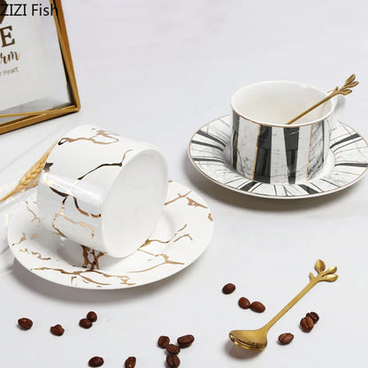 DecorBites™ Gilded Marble Texture Ceramic Cup & Saucer Set for Dining Table Tea & Coffee