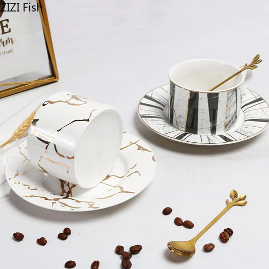 Decorbites™ Vergoldete Marmorstruktur Keramik-Tasse- und Untertassenservice für Esstisch-Tee & Kaffee