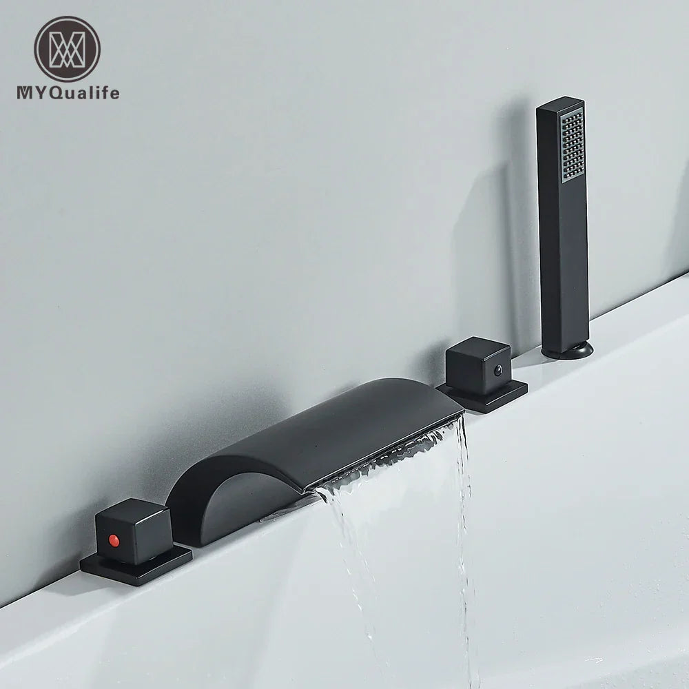 Decorbites™ Schwarze Messing Wasserfall Badewannenarmatur mit drei Griffen Heiß-Kalt-Mischer