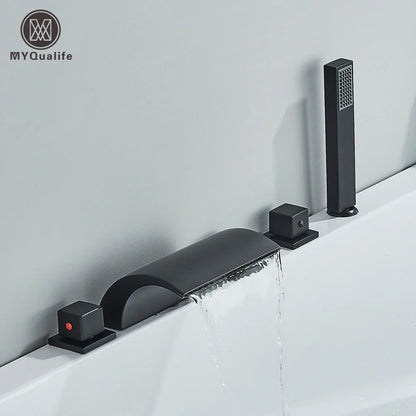 Decorbites™ Schwarze Messing Wasserfall Badewannenarmatur mit drei Griffen Heiß-Kalt-Mischer