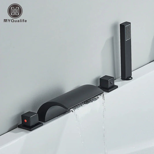 DecorBites™ Black Brass Waterfall Tub Faucet Three Handles Hot Cold Mixer