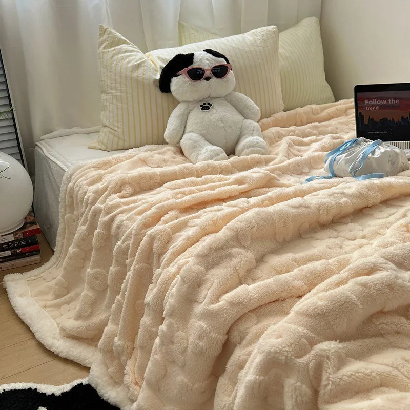 DecorBites™ Cozy Lamb Wool Flower Jacquard Blanket: Luxe Solid Color Sofa Quilt for Winter