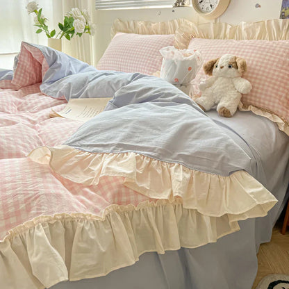 Decorbites™ Koreanische Prinzessinnen-Stil Baumwoll-Bettwäsche-Set mit Rüschen und Spitze