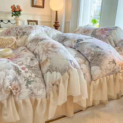 Decorbites™ Französisches Vintage-Spitzen-Prinzessinnen-Bettwäsche-Set mit Blumenprint-Bettüberzug
